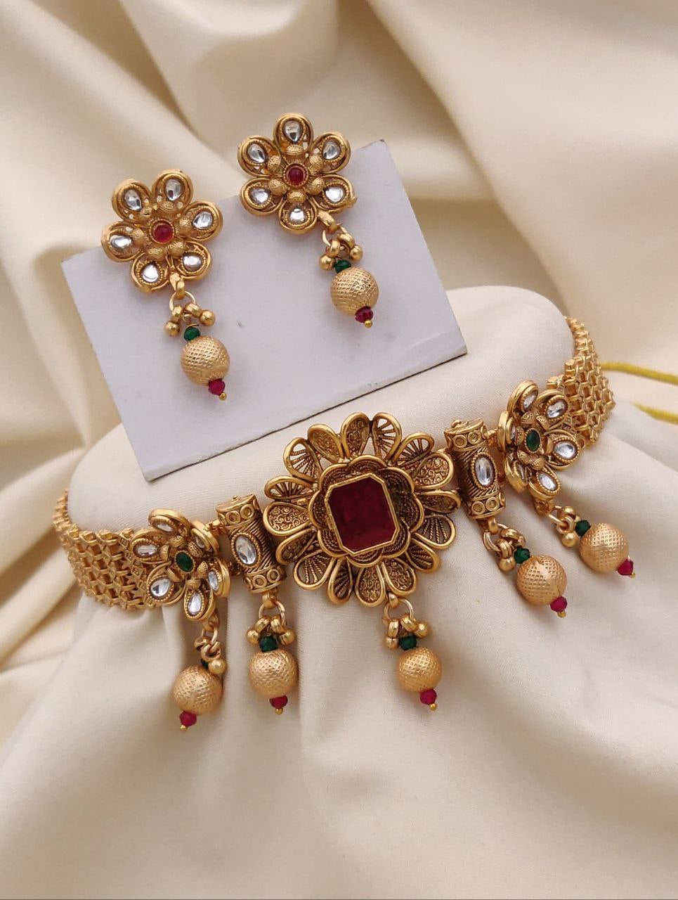 Eternal Elegance Golden Choker with Ruby Centerpiece and Earrings